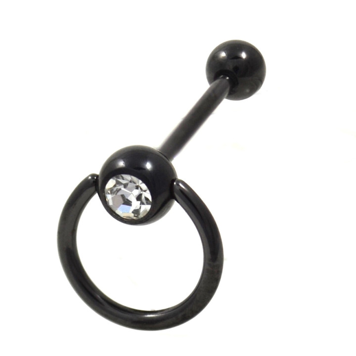 Black Titanium Clear CZ Slave Tongue Ring 14g