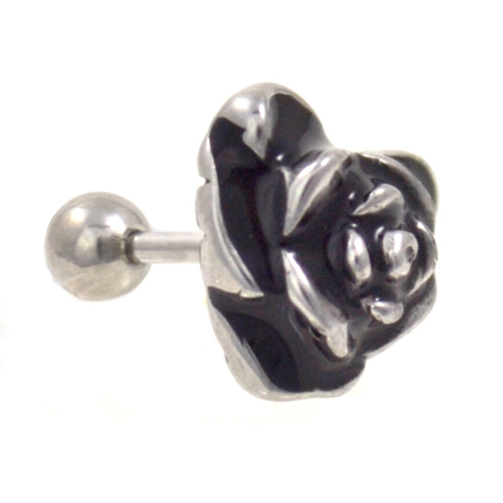 Black and Silver Rose Cartilage Tragus Bar 16g 1/4"