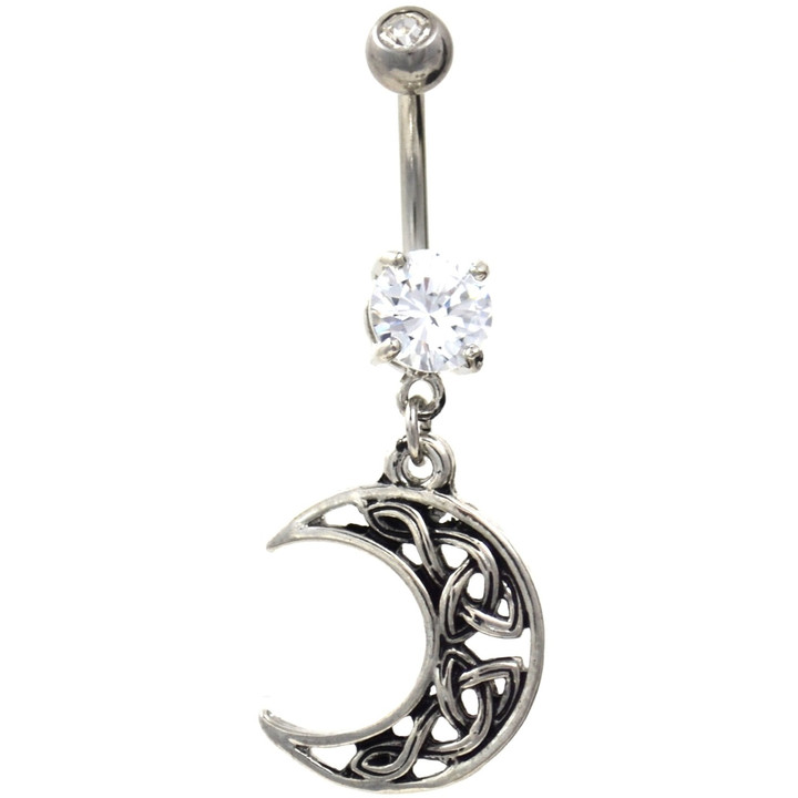 Woven Steel Quarter Moon Clear CZ Belly Ring 