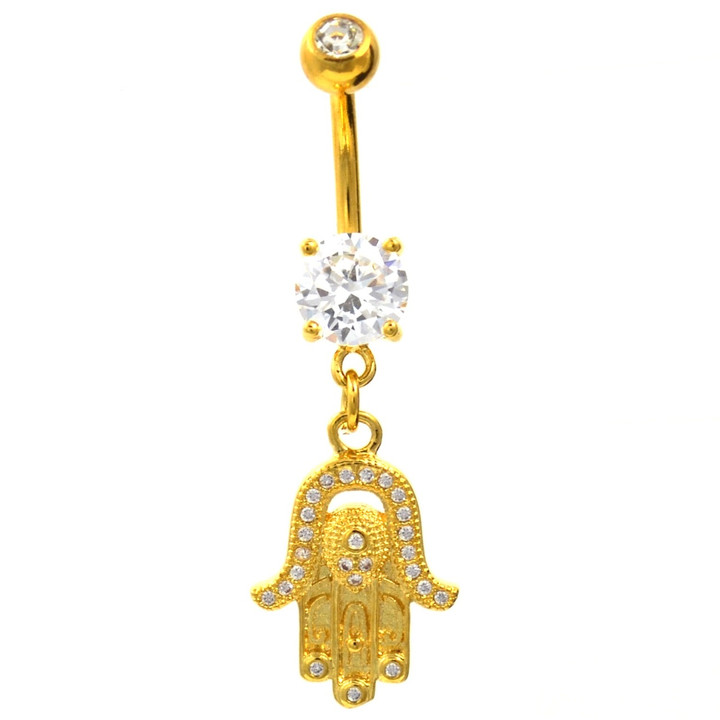 Gold Plated Clear Gem Hamsa Dangle Belly Ring  Gold Plated Clear Gem Hamsa Dangle Belly Ring