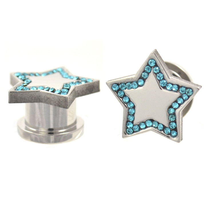 Aqua CZ Gem Outlined Star Screw Ear Plugs (2g-5/8")