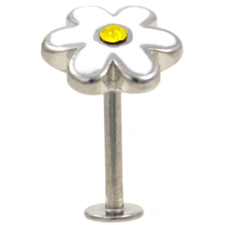White Daisy Yellow Gem Labret Monroe Bar 16g 5/16"