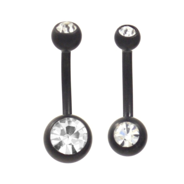 Black Matte Plated Clear Double Gem Belly Ring (2 Sz)
