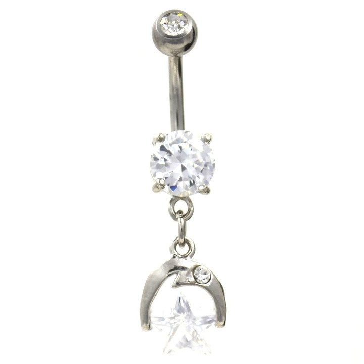 Clear Gemmed Star & Crescent Belly Ring