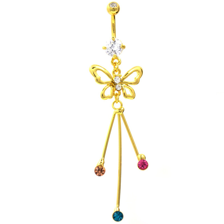 Butterfly & Rainbow Gem Drops Gold Plated Belly Ring