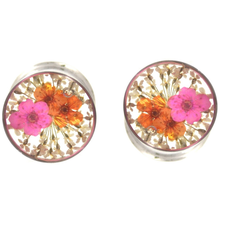 Real Pink/Orange Flower Center Steel Plugs (00g-1") Real Pink/Orange Flower Center Steel Plugs (00g-1")