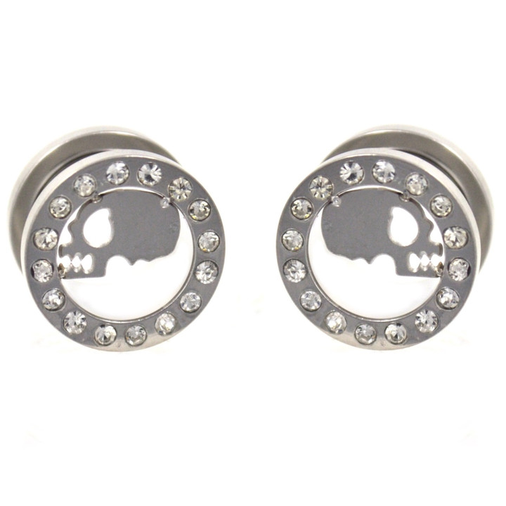 Skull Face & Gem Rim Ear Tunnel Plugs (2g-5/8")