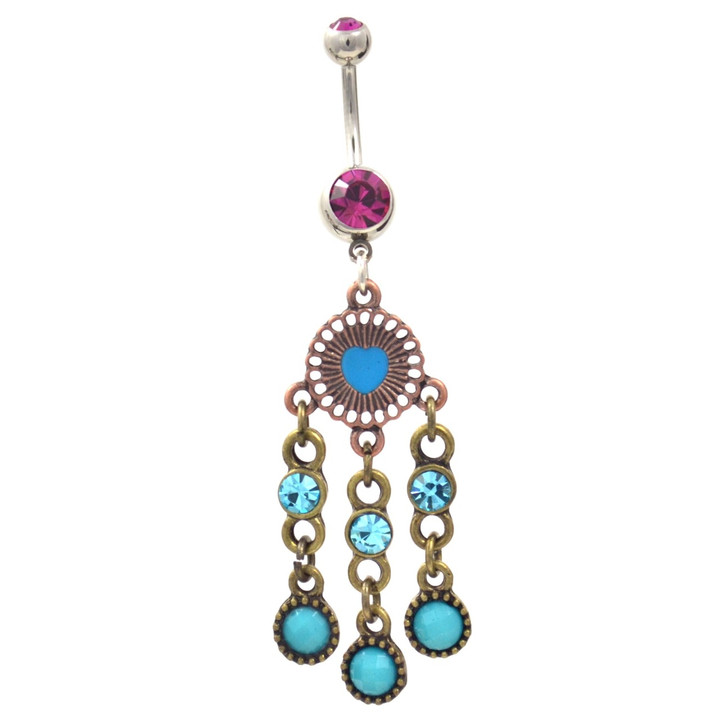 Antique Heart Shield Triple Dangle Belly Ring (Pink CZ's)