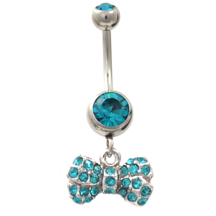 Teal Gemmed Blingy Bow Dangle Belly Ring  Teal Gemmed Blingy Bow Dangle Belly Ring