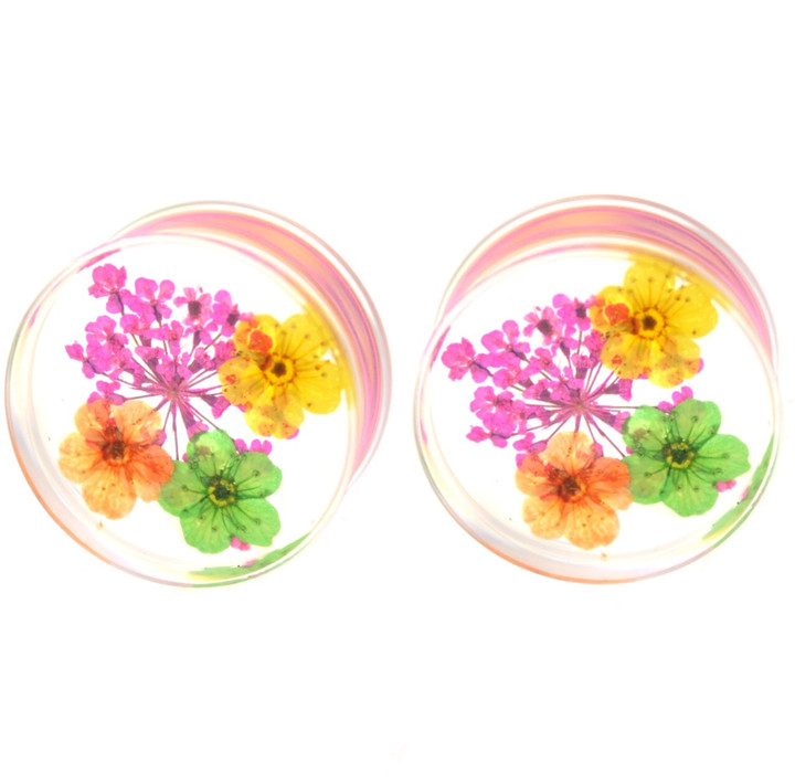 Enclosed Real Flowers Clear Acrylic Plugs (4g-5/8")