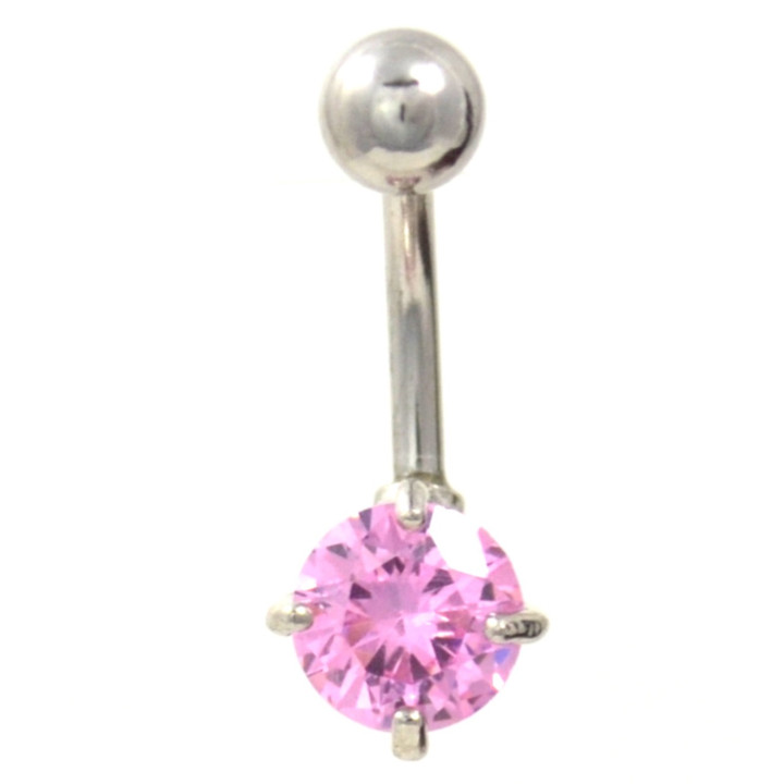 7mm Prong Set Pink Gem Stone Belly Ring