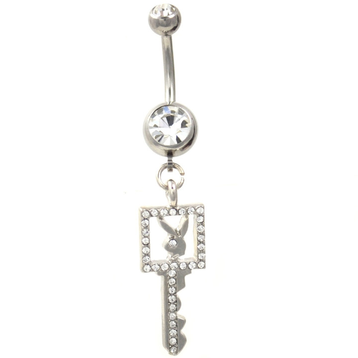 Clear CZ Paved Playboy Bunny Key Belly Ring 