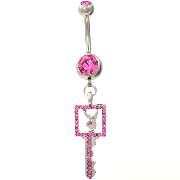 Pink CZ Paved Playboy Bunny Key Belly Ring 