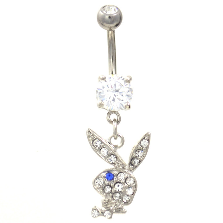Clear/Blue Gem Paved Playboy Bunny Belly Ring  Clear/Blue Gem Paved Playboy Bunny Belly Ring