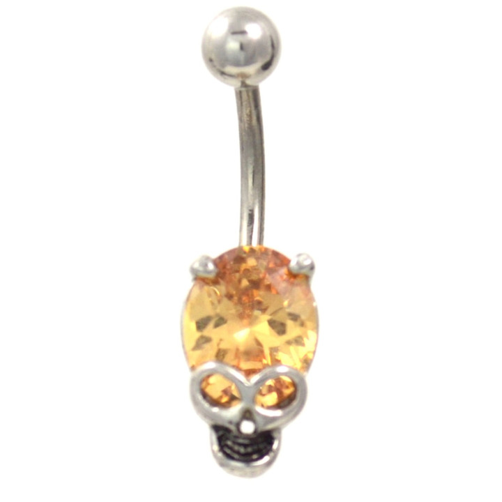 Orange Gemmed Grinning Skull Belly Ring 