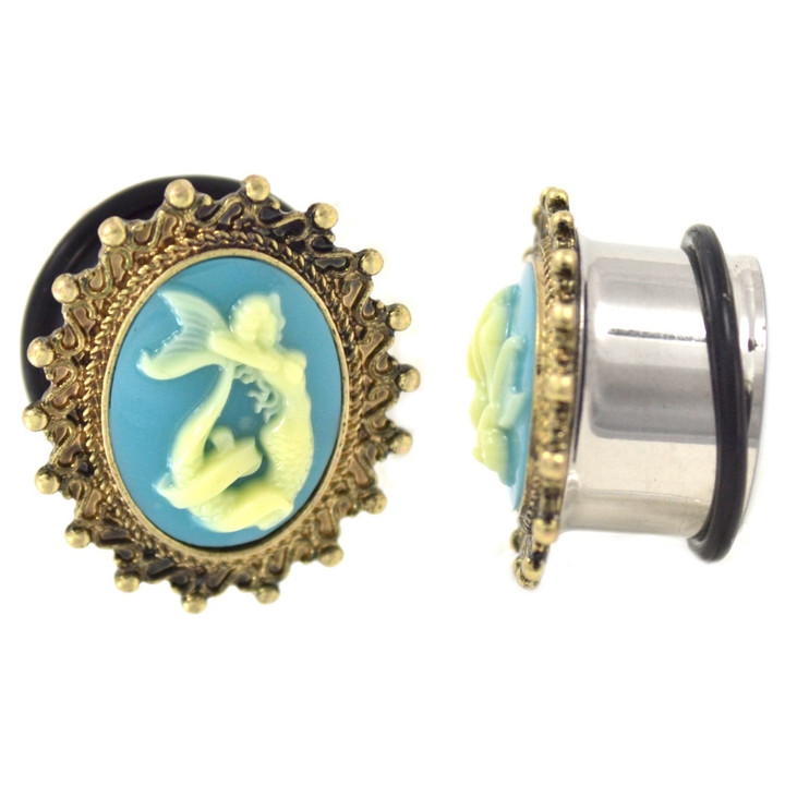 Framed Mermaid Cameo Single Flared Plugs (2g-1")