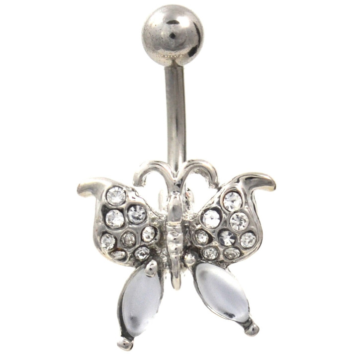 Icy Butterfly White Gemmed Belly Ring