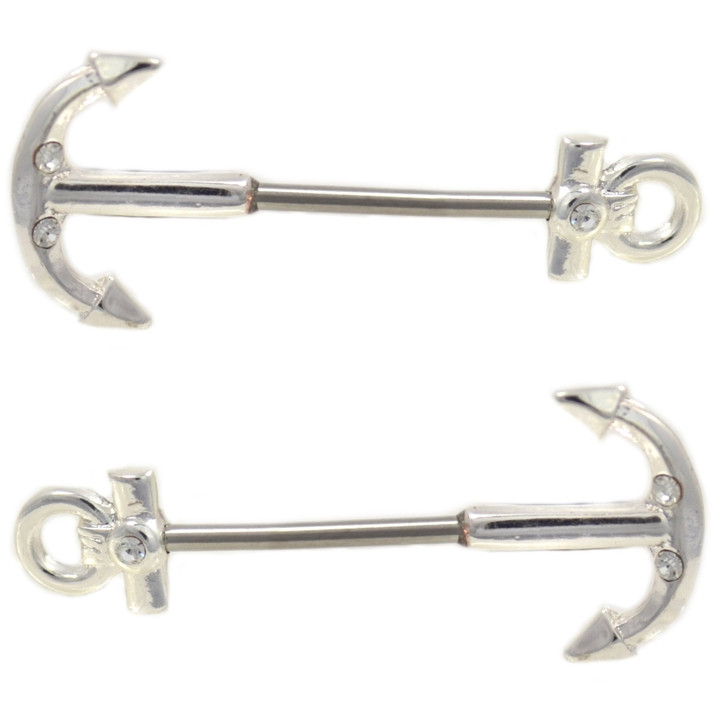PAIR - Nautical Anchor Nipple Ring Bars 14g 5/8"