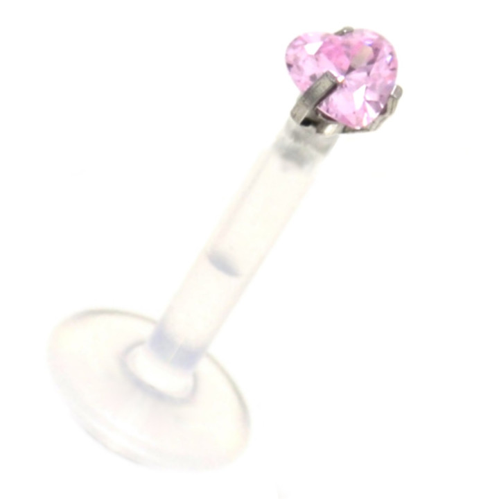 Pink Heart Shaped CZ Labret Monroe PTFE Bar 16G Pink Heart Shaped CZ Labret Monroe PTFE Bar 16G