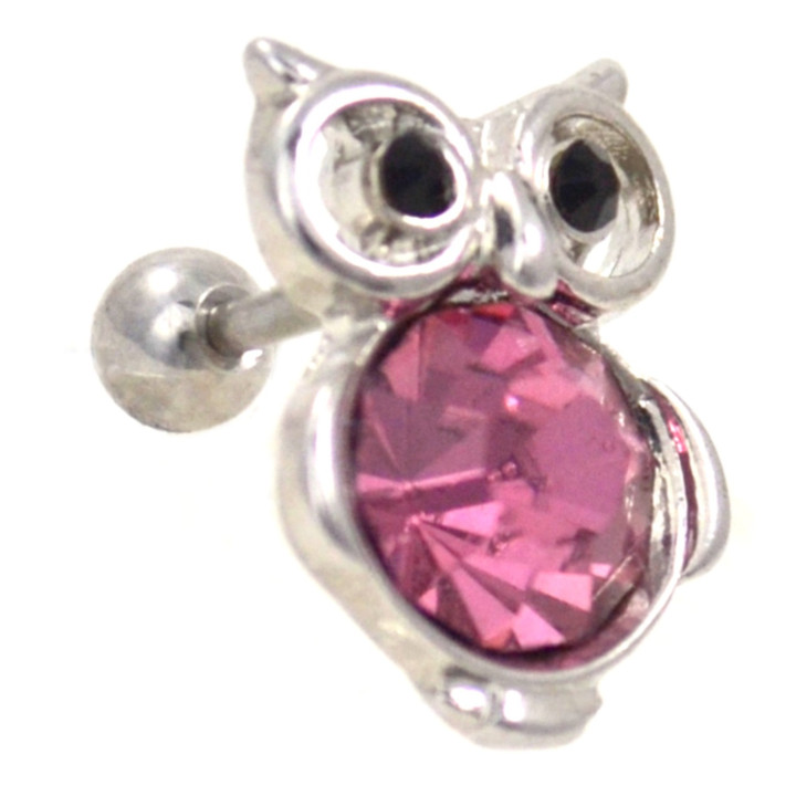 Bejeweled Pink Owl Cartilage Earring Stud 16g  Bejeweled Pink Owl Cartilage Earring Stud 16g