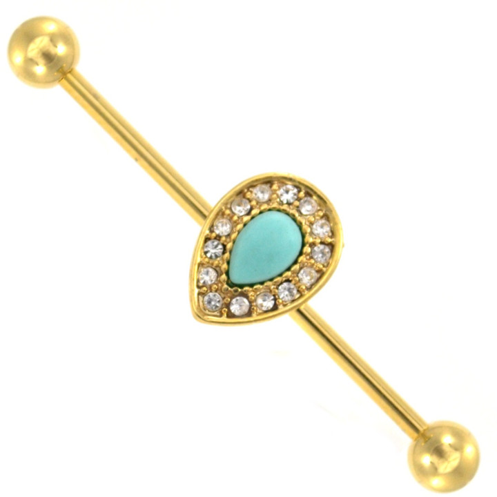 Gold Plated Turquoise Teardrop Industrial Bar 14g 