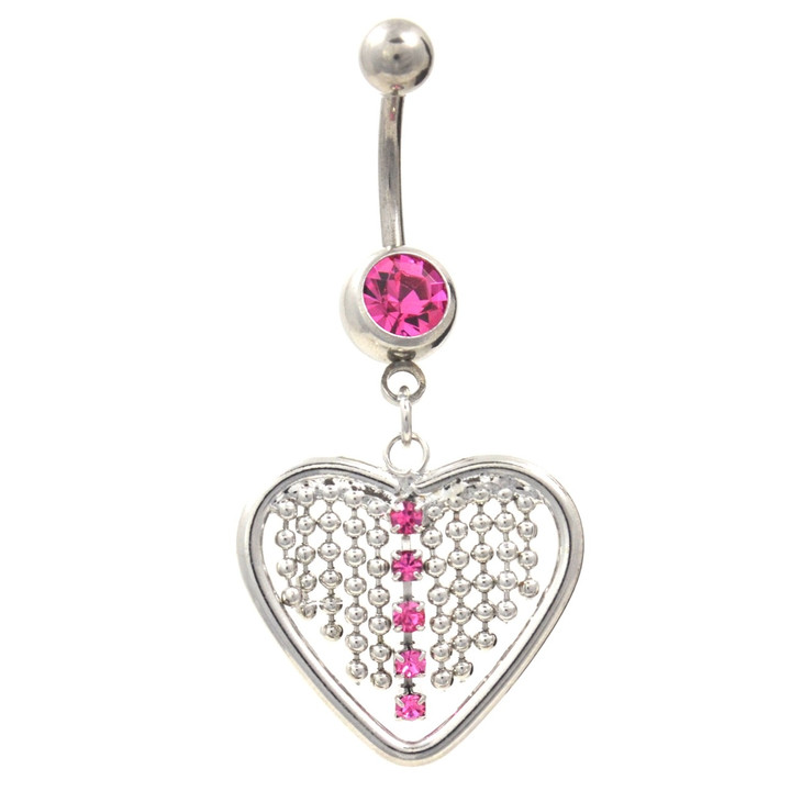 Pink Draped Out Chain Heart Belly Ring