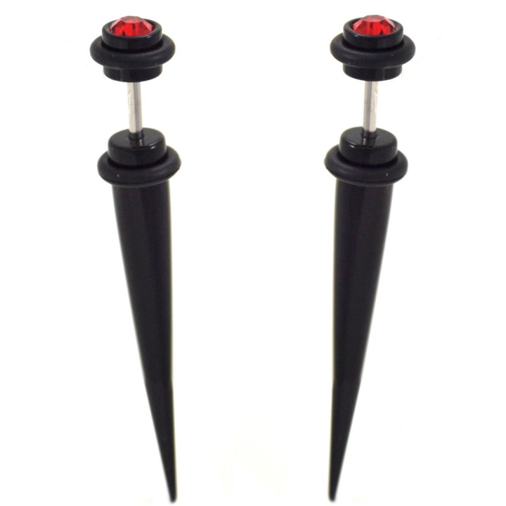 Red CZ Gem Top Fake Tapers Black Earrings (2g Look)