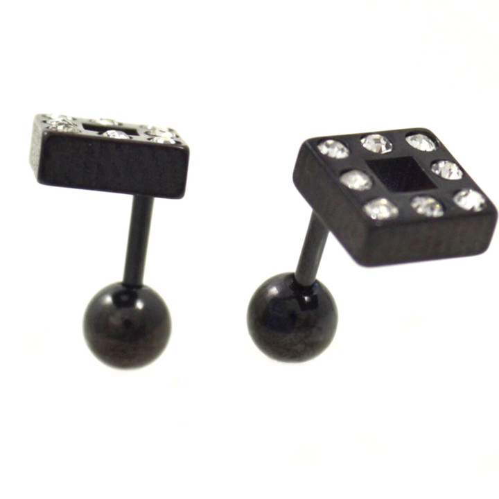 Gemmed Square Top Black Fake Plug Earrings