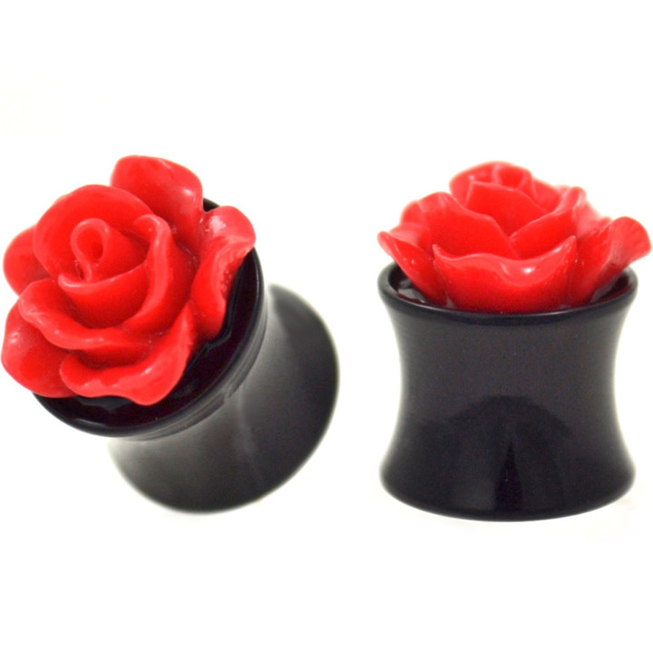 Red Rose Flower Top Black Acrylic Plugs (0g-1")