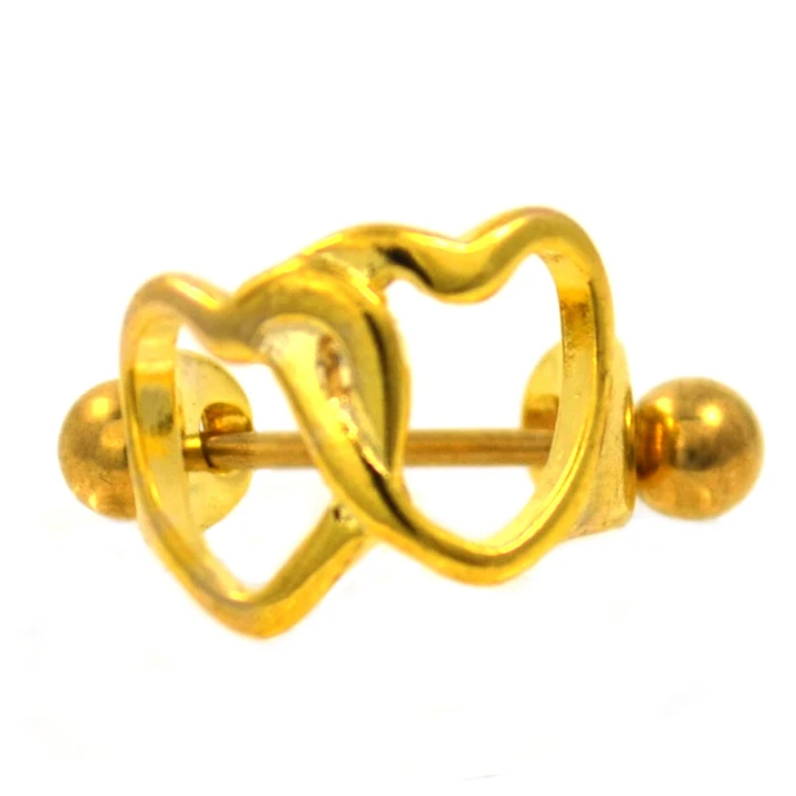 Gold Double Hearts Cartilage Piercing Cuff 16G