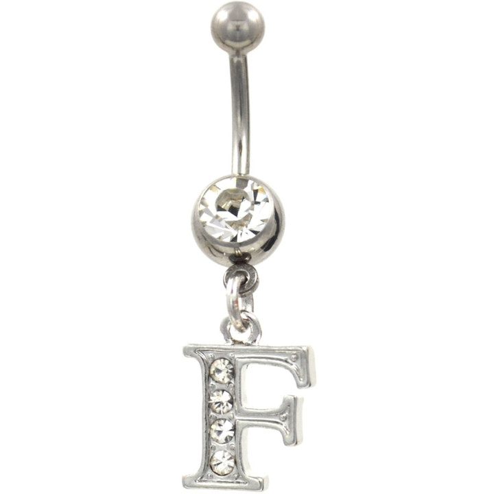 Initial Letter "F" Clear Gems Belly Button Ring