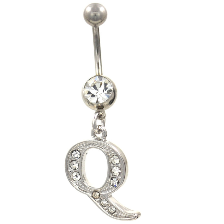 Initial Letter "Q" Clear Gems Belly Button Ring