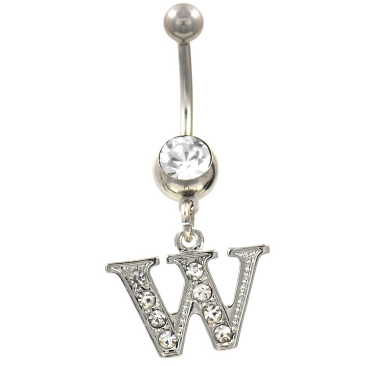 Initial Letter "W" Clear Gems Belly Button Ring