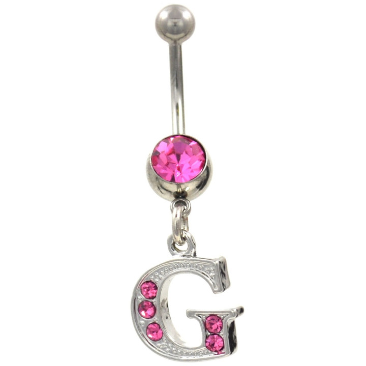 Initial Letter "G" Pink Gems Belly Button Ring Initial Letter "G" Pink Gems Belly Button Ring