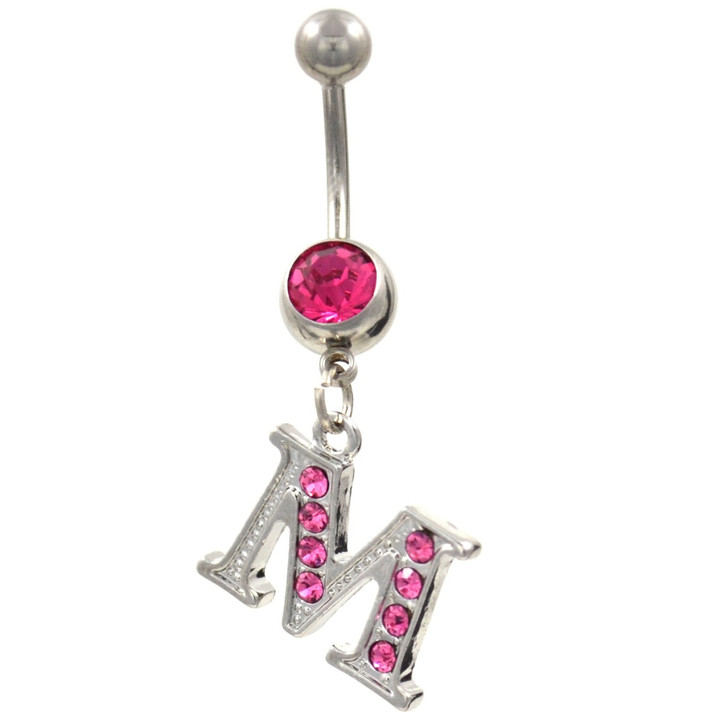 Initial Letter "M" Pink Gems Belly Button Ring