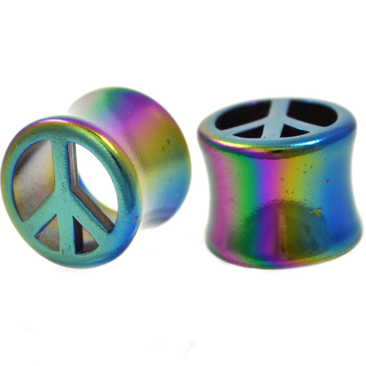 Rainbow Coated Acrylic Peace Sign Plugs (00g-13/16")