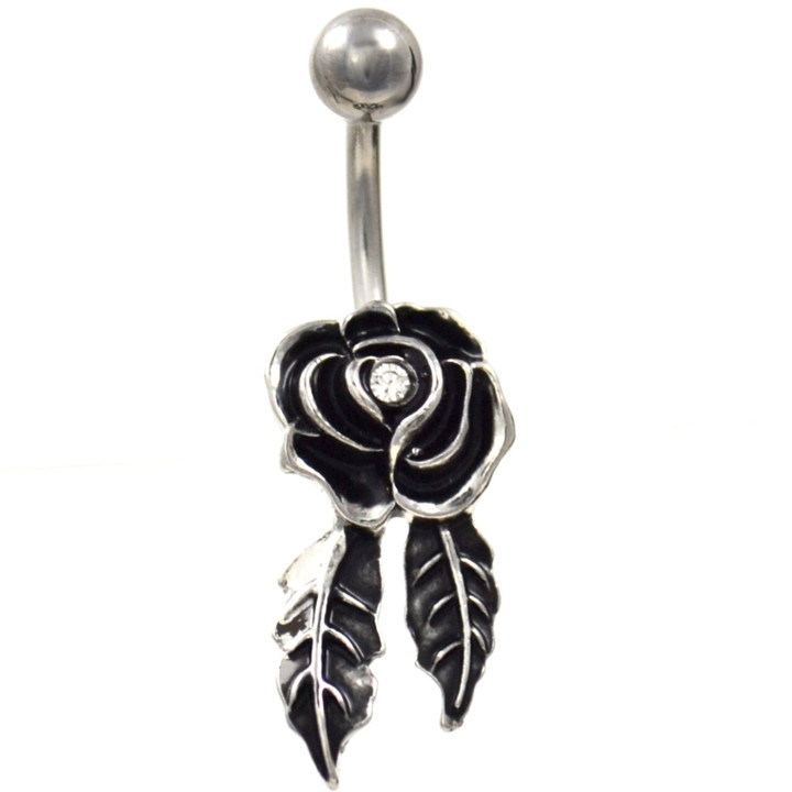 Steel Rosebud & Leaves Non-Dangle Belly Ring