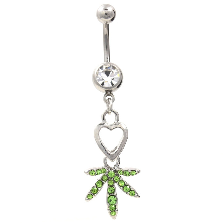 Hollow Heart and Green Pot Leaf Belly Ring