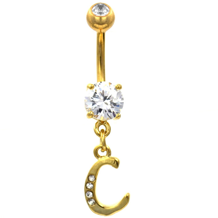Initial Letter "C" Gemmed Gold Belly Button Ring