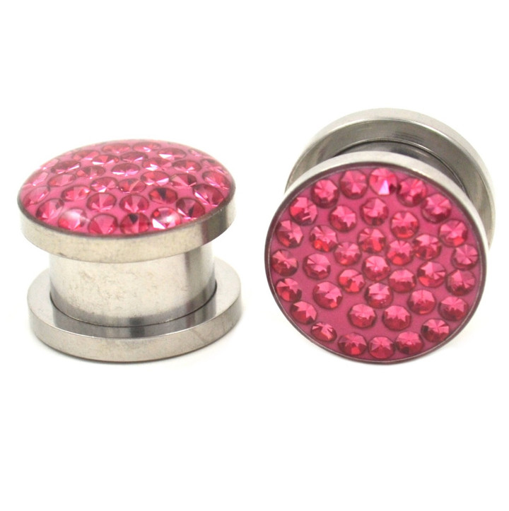 Encased Pink Rhinestone Screw Ear Plugs (2g-5/8")