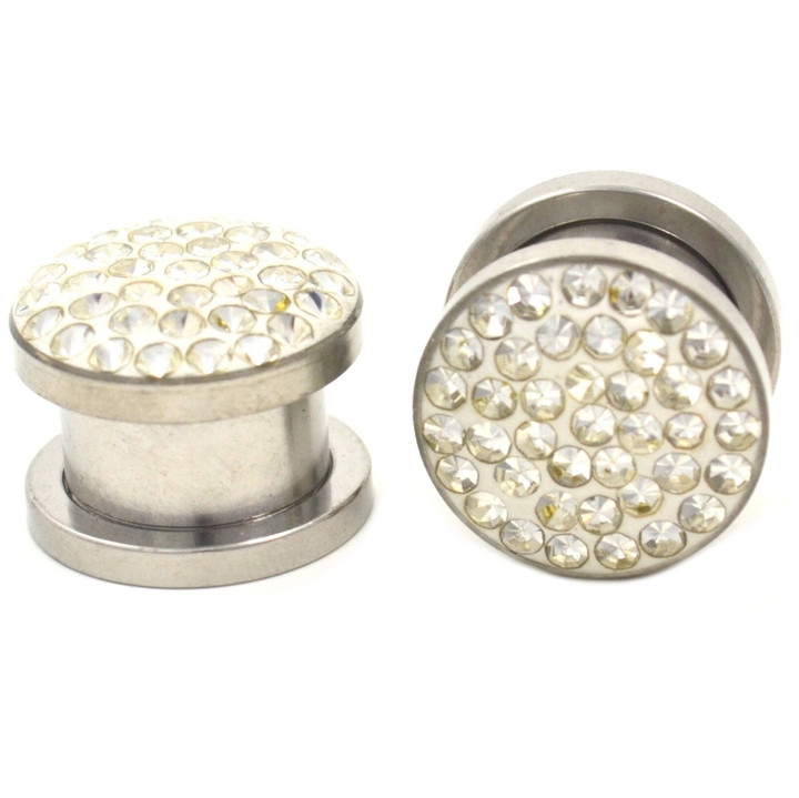 Encased Clear Rhinestone Screw Ear Plugs (2g-5/8")