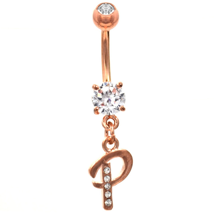 Initial Letter "P" Gemmed Rose Gold Belly Button Ring