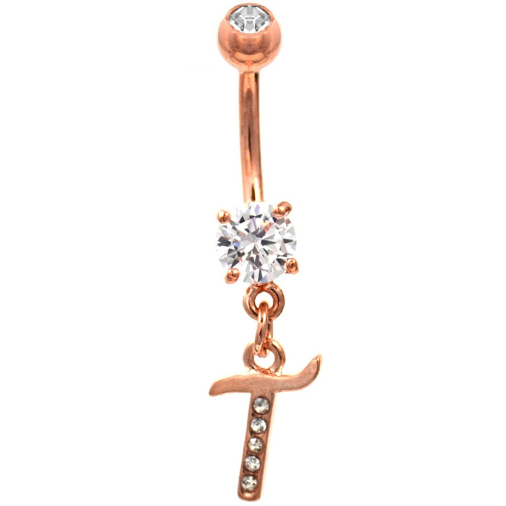 Initial Letter "T" Gemmed Rose Gold Belly Button Ring