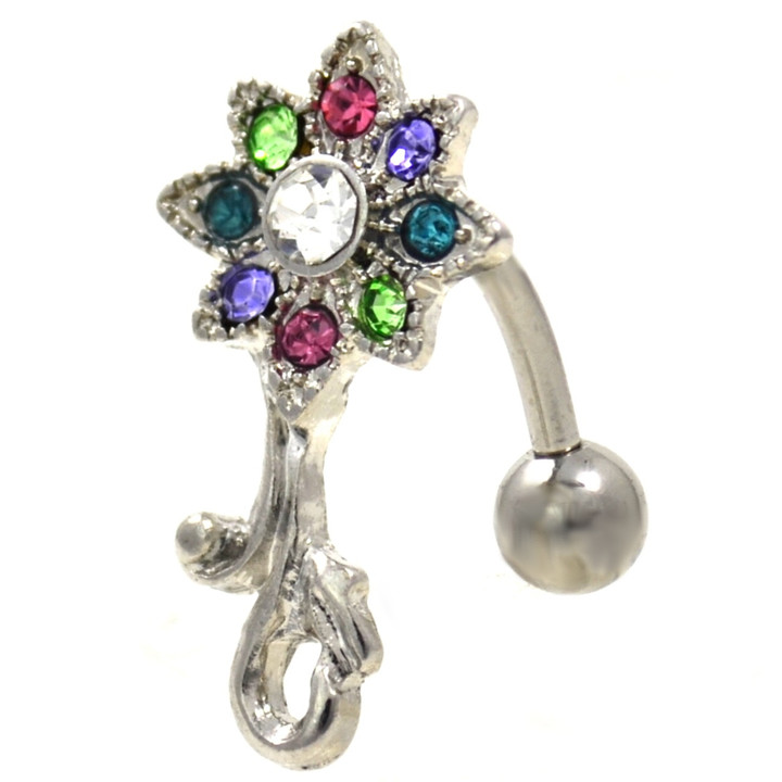 Rainbow CZ Encrusted Flower Top Down Belly Ring 