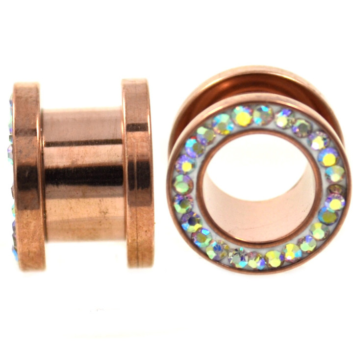 Rose Gold IP Steel AB Gem Rim Screw Tunnels (10g-5/8")