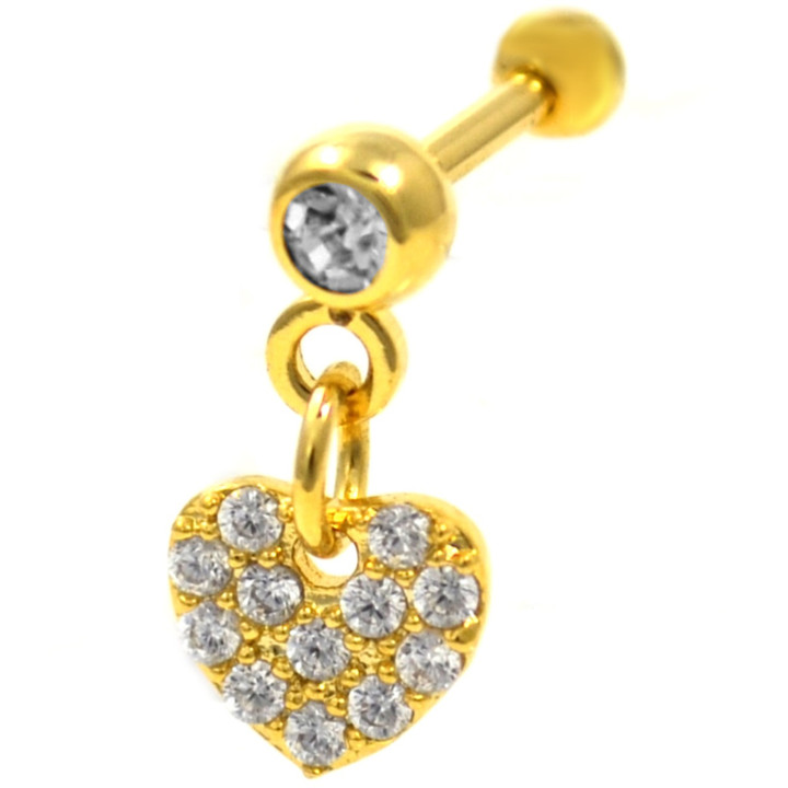 Dangling Clear Accent Heart Gold Tone Cartilage Bar 
