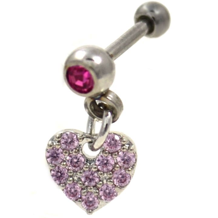 Dangling Pink Accent Heart Steel Cartilage Bar 16G 1/4"