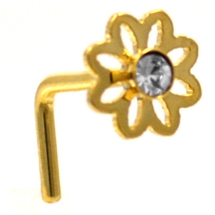 Clear Accent Daisy L Shaped Gold-Tone Nose Ring 20G