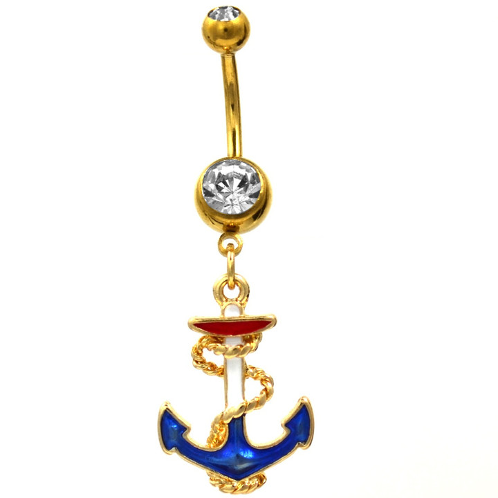 Red White & Blue Anchor Dangle Belly Ring Gold-Tone Red White & Blue Anchor Dangle Belly Ring Gold-Tone