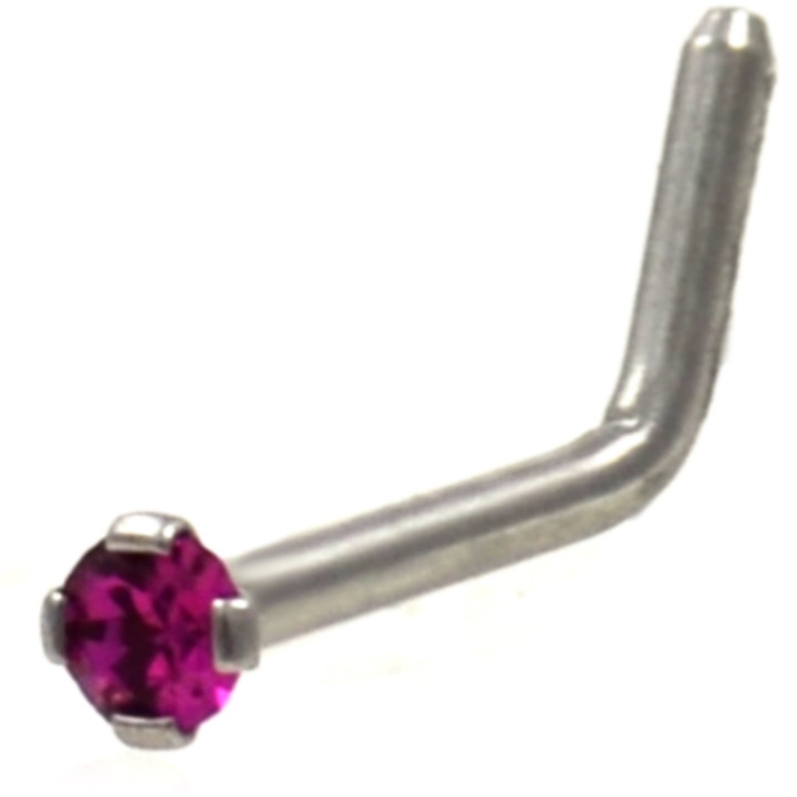 Prong Set Fuchsia CZ L Shaped Nose Ring 20G/18G